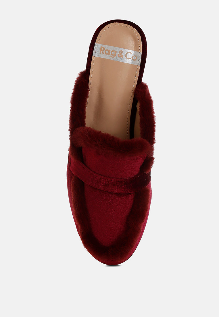 fur detail velvet slip-on mules by ruw#color_burgundy