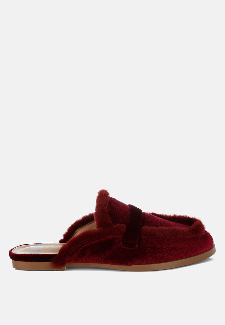 fur detail velvet slip-on mules by ruw#color_burgundy