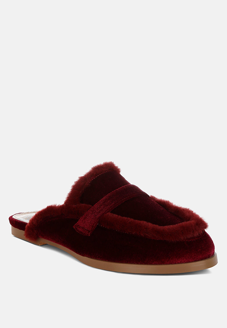 fur detail velvet slip-on mules by ruw#color_burgundy