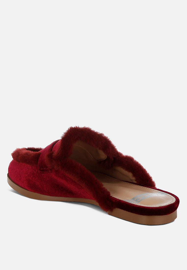 fur detail velvet slip-on mules by ruw#color_burgundy