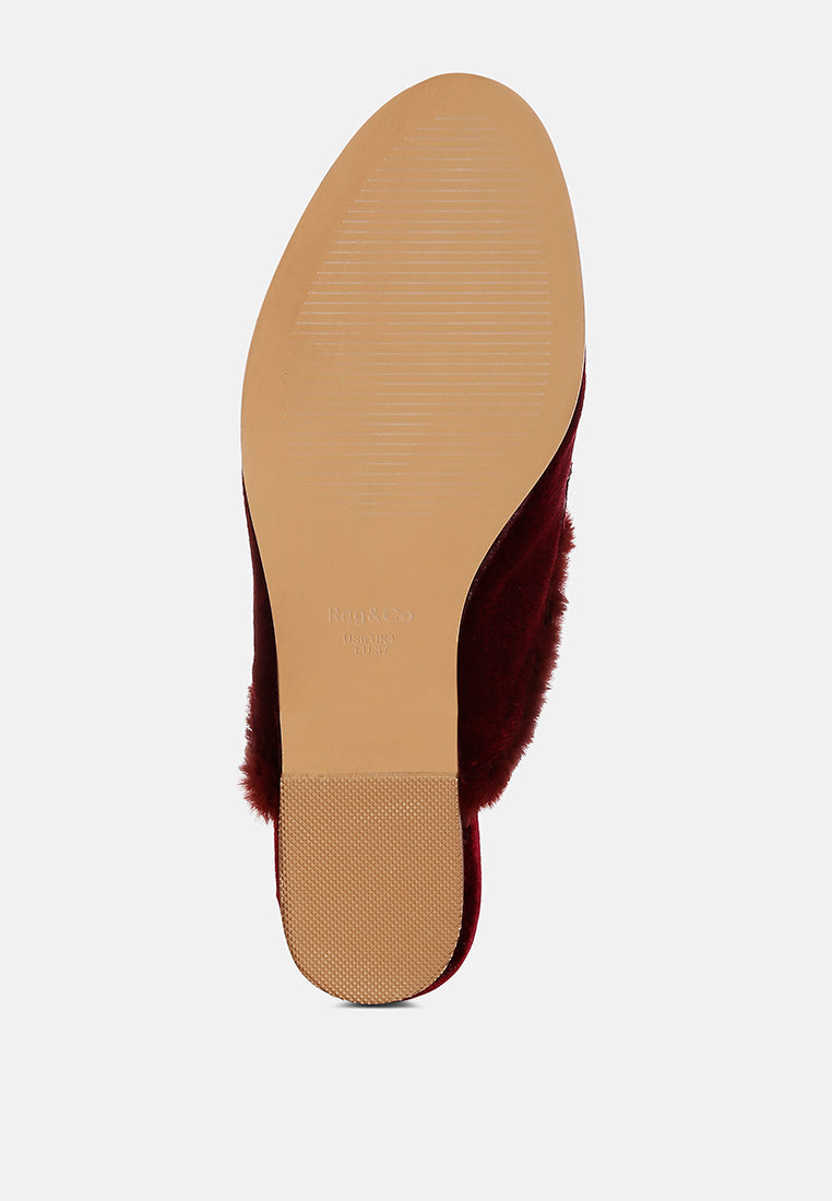 fur detail velvet slip-on mules by ruw#color_burgundy