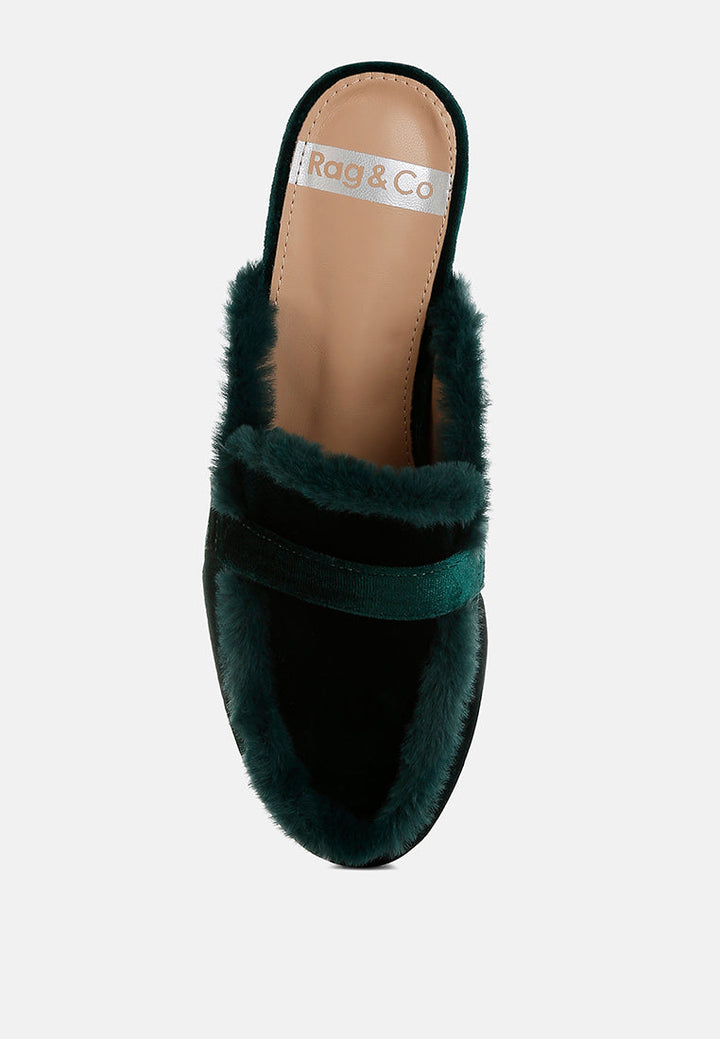 fur detail velvet slip-on mules by ruw#color_bottle-green