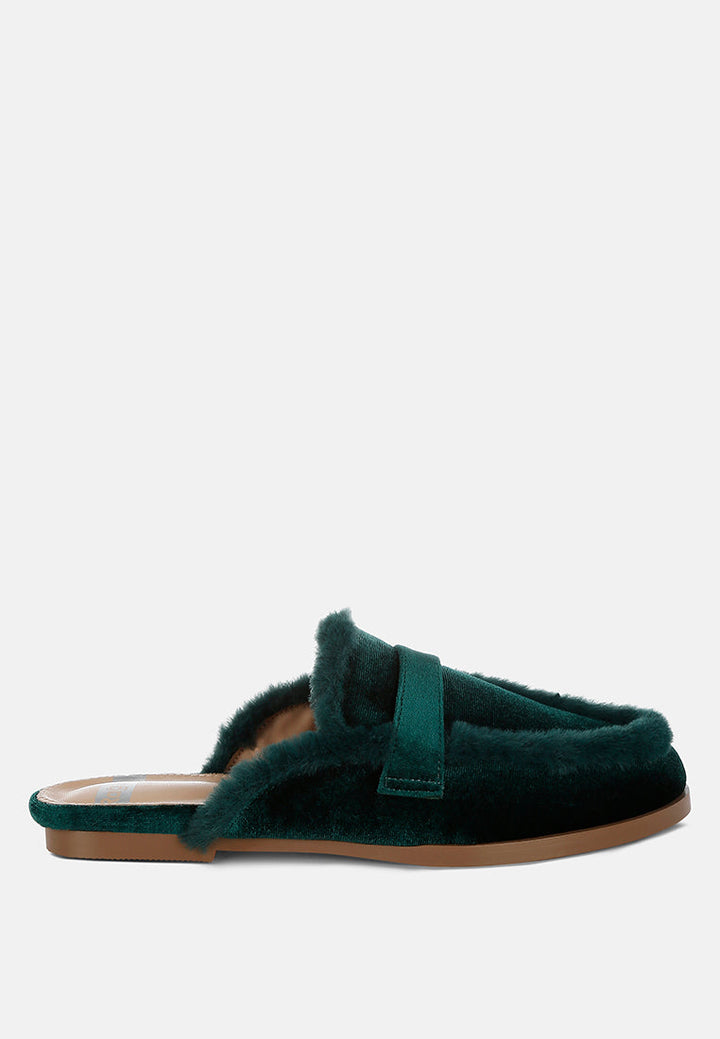 fur detail velvet slip-on mules by ruw#color_bottle-green