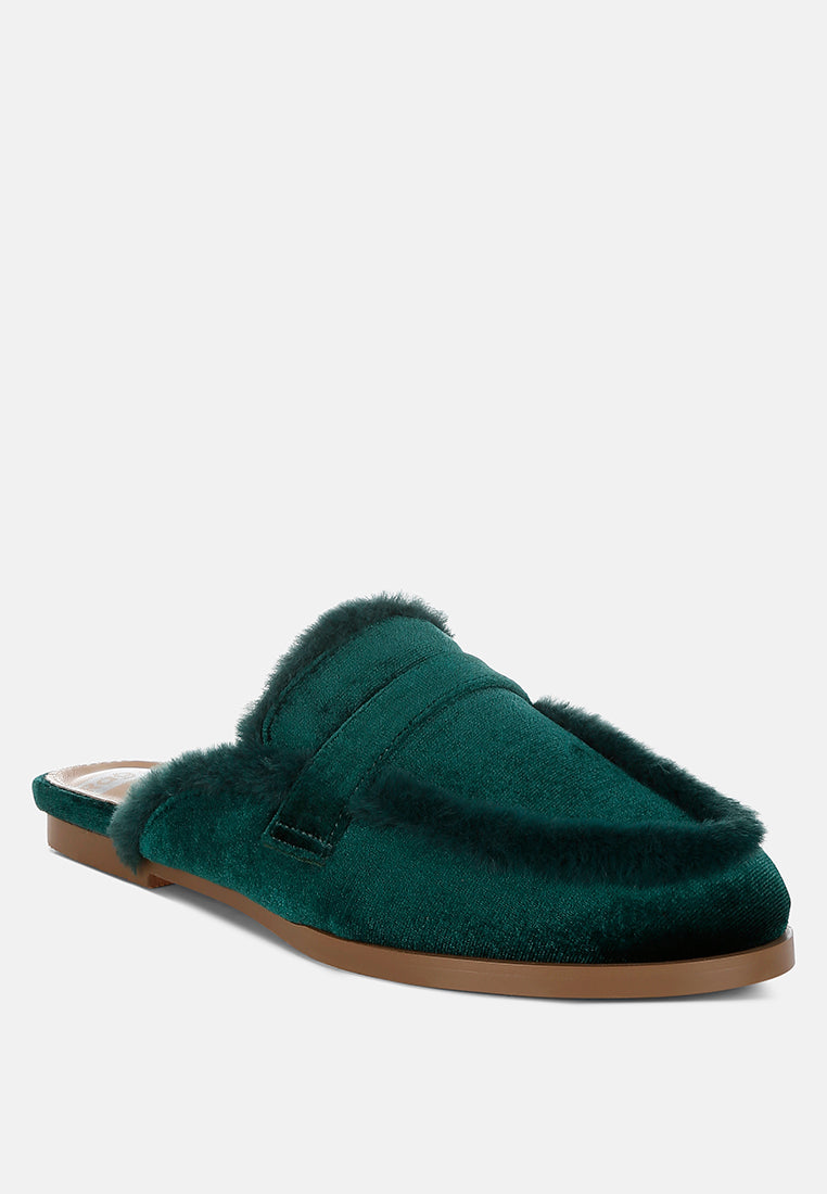 fur detail velvet slip-on mules by ruw#color_bottle-green