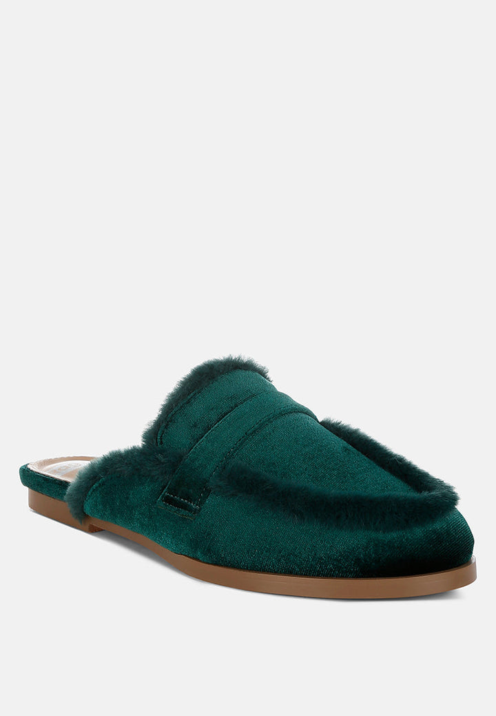 fur detail velvet slip-on mules by ruw#color_bottle-green