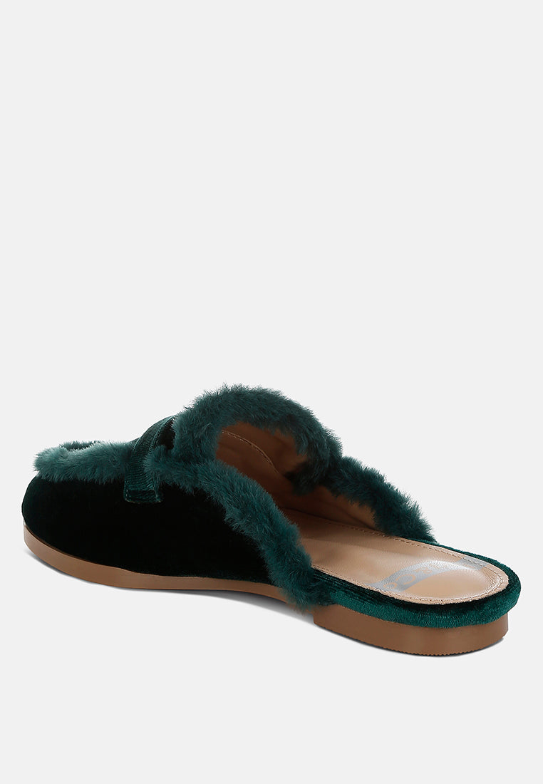 fur detail velvet slip-on mules by ruw#color_bottle-green