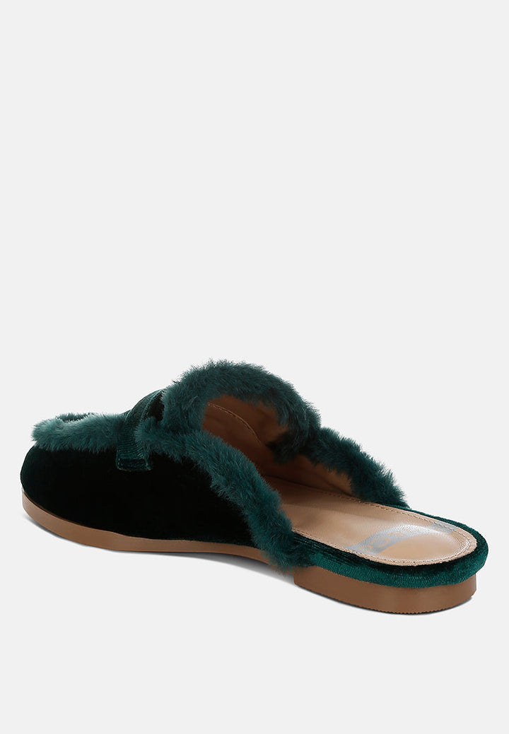 fur detail velvet slip-on mules by ruw#color_bottle-green