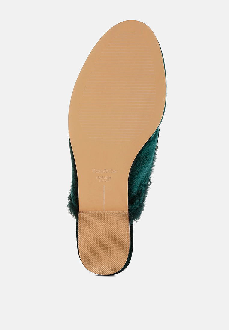 fur detail velvet slip-on mules by ruw#color_bottle-green