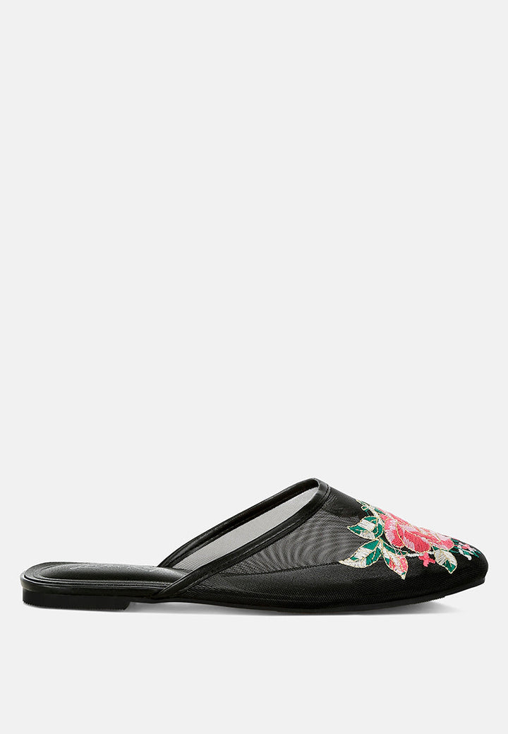 shara floral embroidered mesh mules#color_black