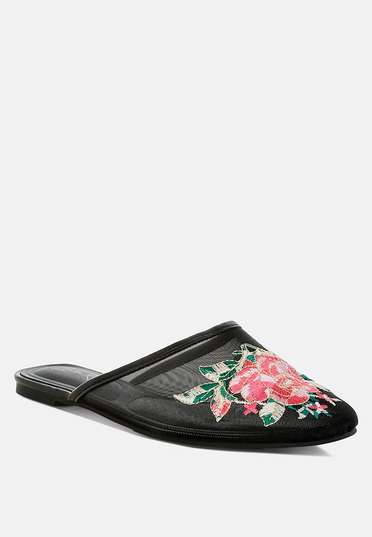 shara floral embroidered mesh mules#color_black