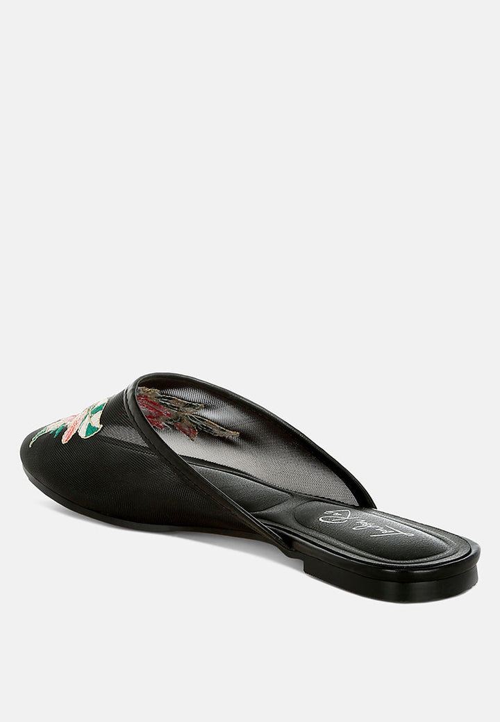 shara floral embroidered mesh mules#color_black