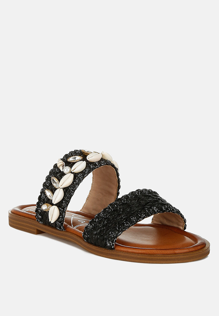 shellfish raffia slip on sandals#color_black