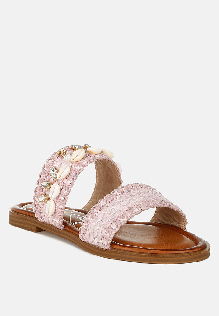 shellfish raffia slip on sandals#color_pink