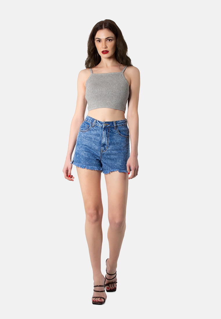 side slit raw hem denim shorts#color_blue