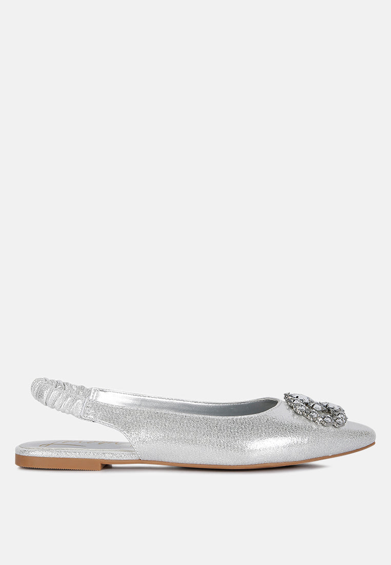 Metallic Diamante flats Mules#color_silver