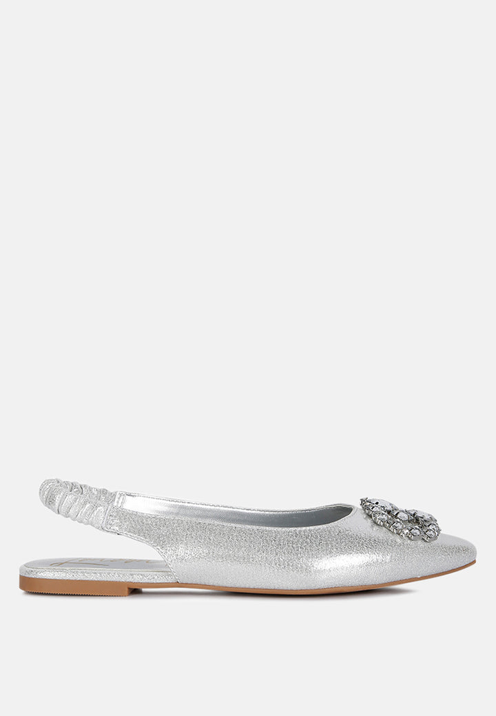 Metallic Diamante flats Mules#color_silver