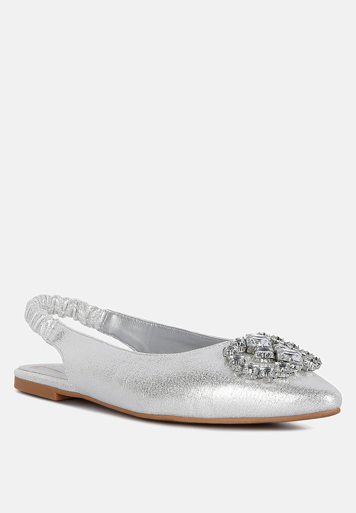 Metallic Diamante flats Mules#color_silver