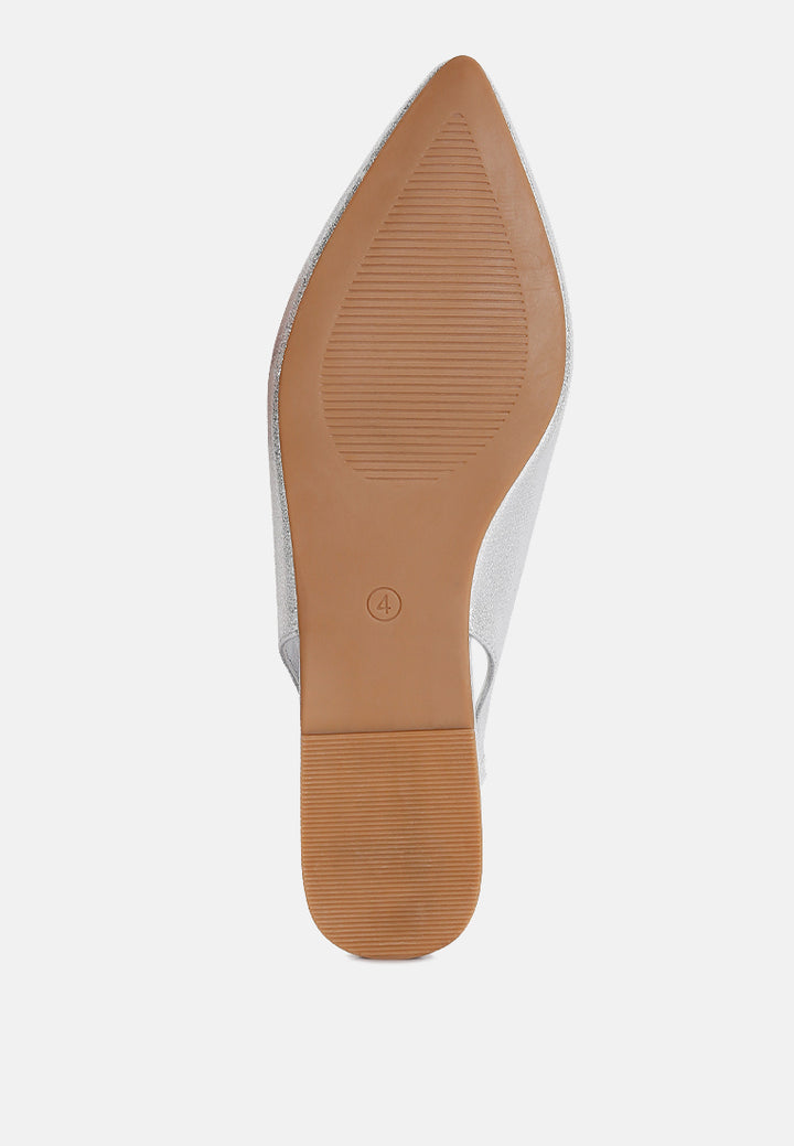 Metallic Diamante flats Mules#color_silver