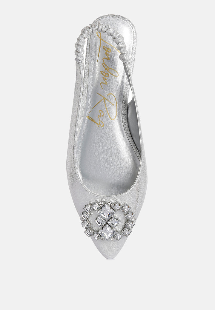 Metallic Diamante flats Mules#color_silver