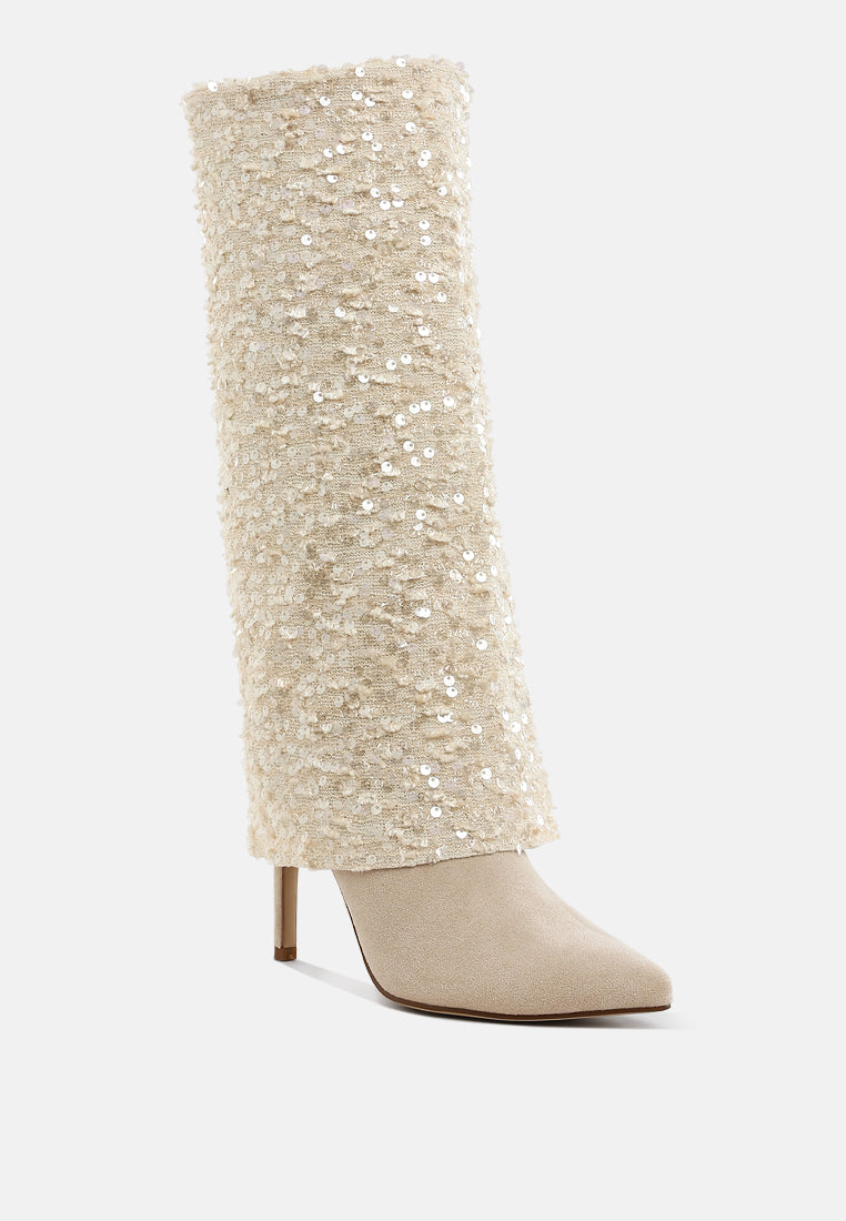 sequinned fold-over calf boots by ruw#color_beige