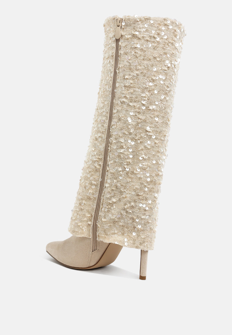 sequinned fold-over calf boots by ruw#color_beige