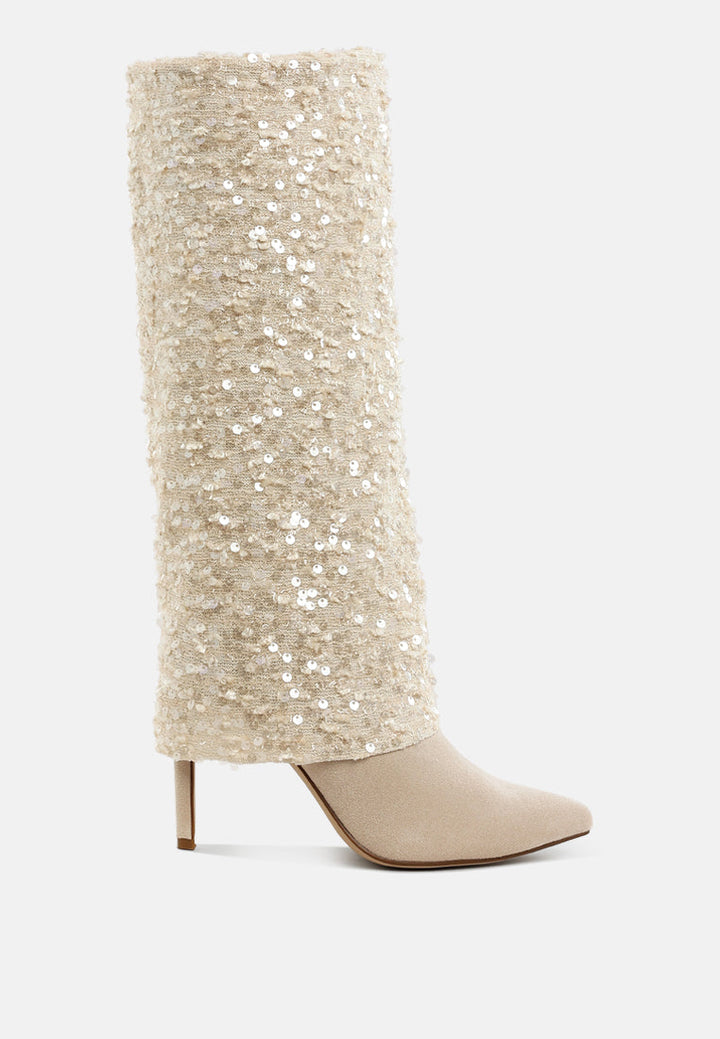 sequinned fold-over calf boots by ruw#color_beige