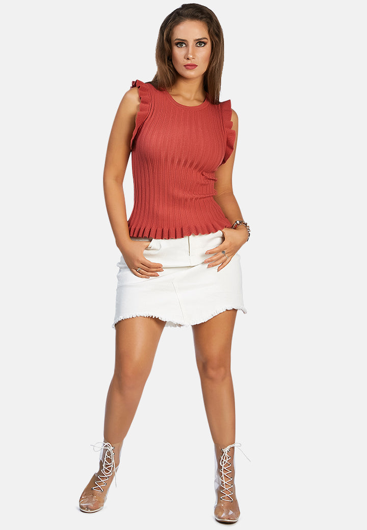 sleeveless knitted frill top#color_burgundy