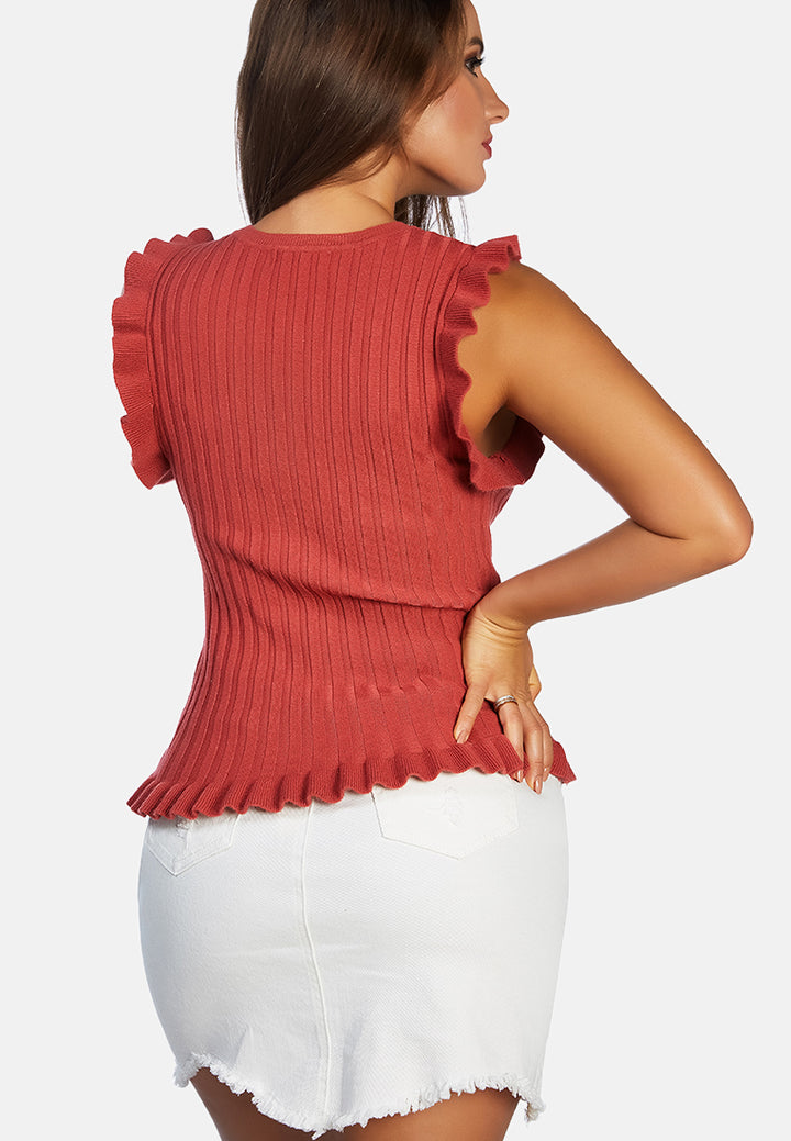 sleeveless knitted frill top#color_burgundy