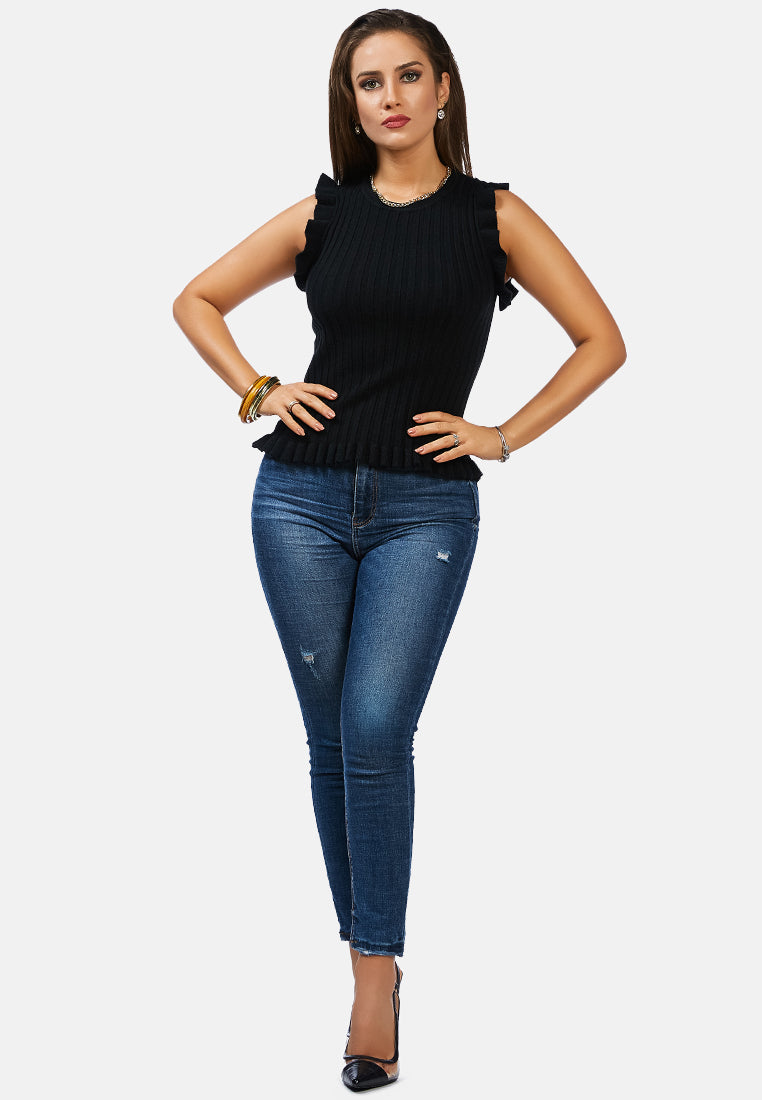 sleeveless knitted frill top#color_black