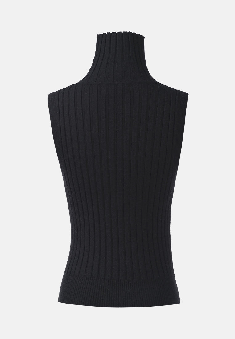 sleeveless rib knit turtle neck top#color_black