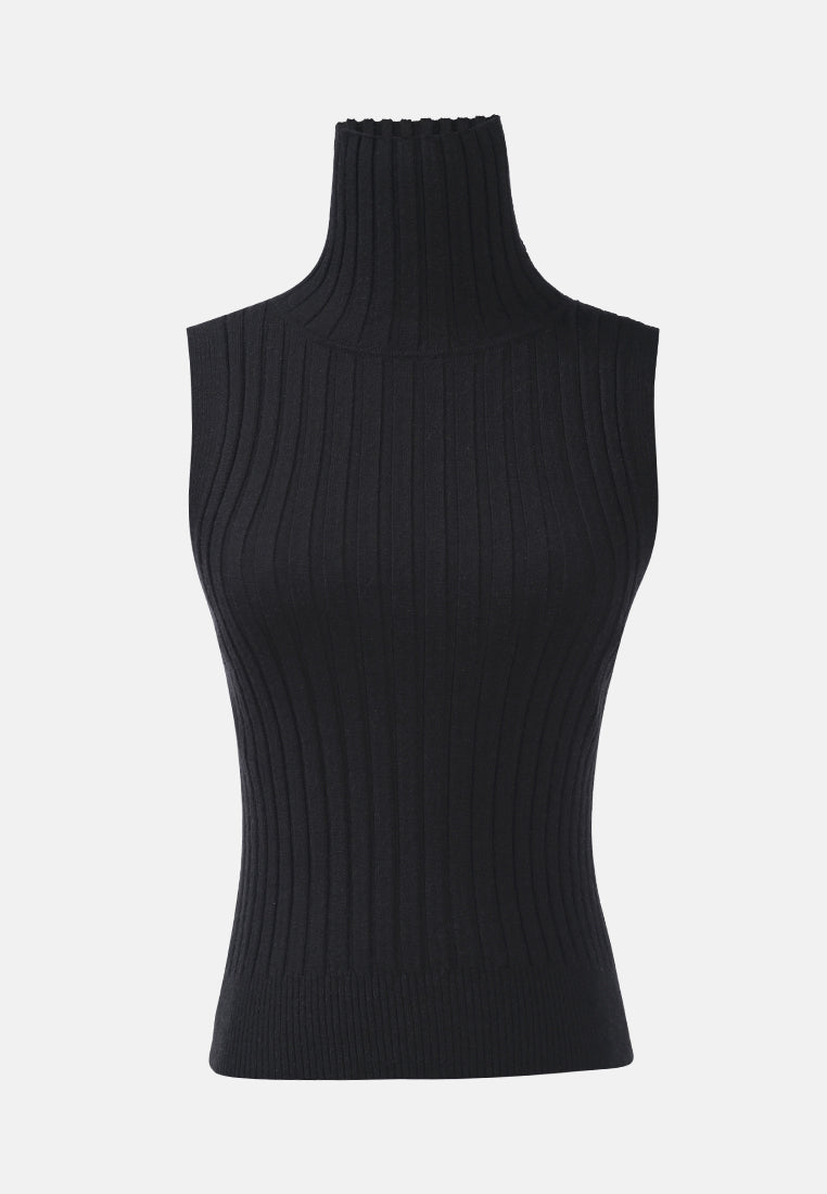 sleeveless rib knit turtle neck top#color_black
