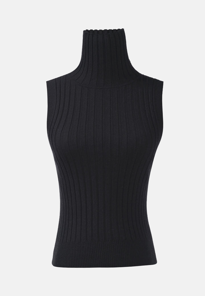 sleeveless rib knit turtle neck top#color_black