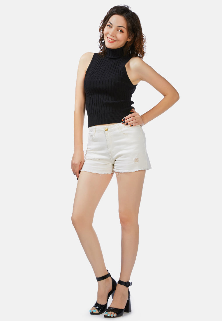 sleeveless rib knit turtle neck top#color_black