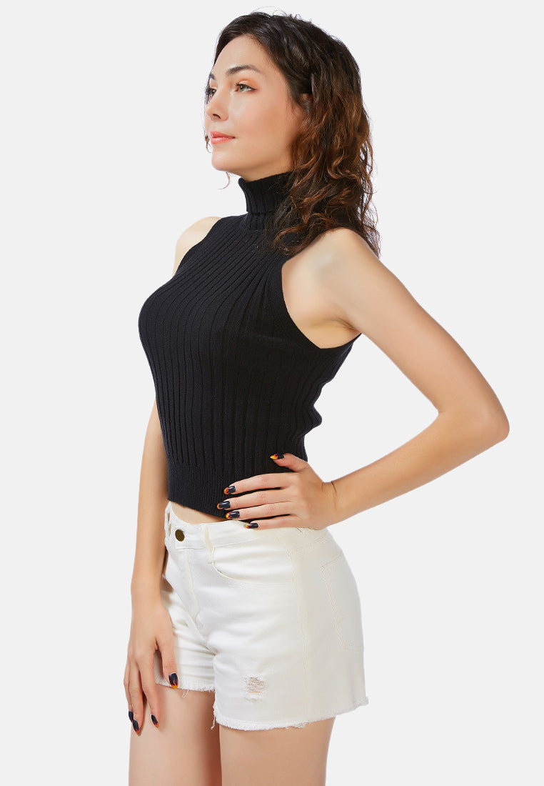 sleeveless rib knit turtle neck top#color_black