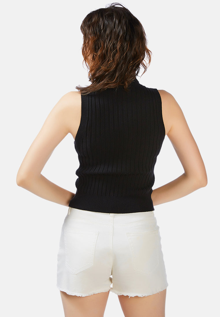 sleeveless rib knit turtle neck top#color_black