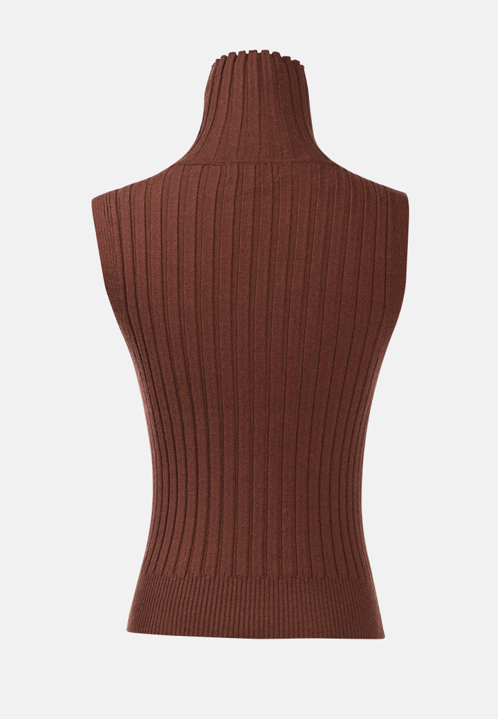 sleeveless rib knit turtle neck top#color_brown