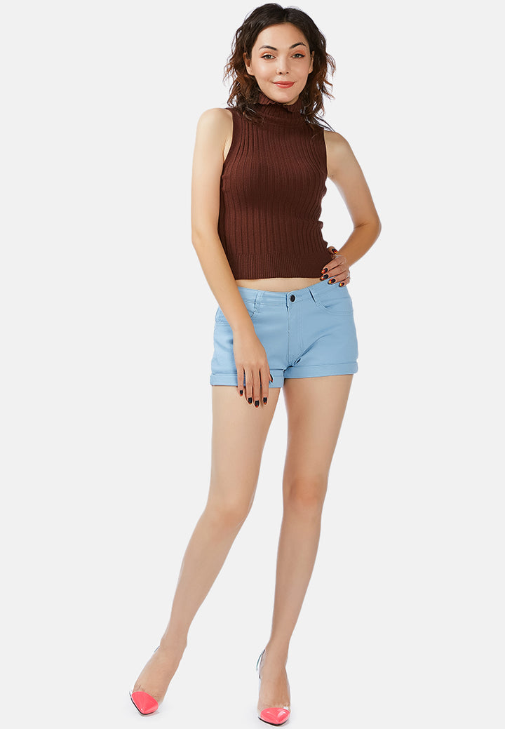 sleeveless rib knit turtle neck top#color_brown