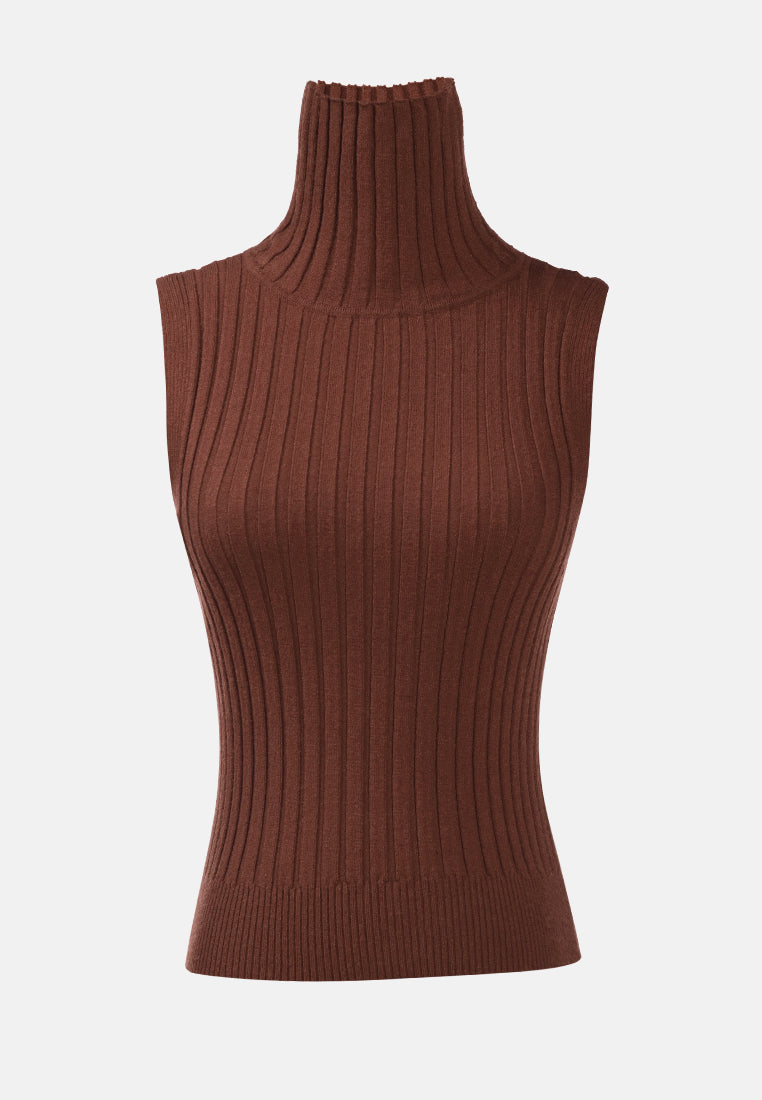 sleeveless rib knit turtle neck top#color_brown