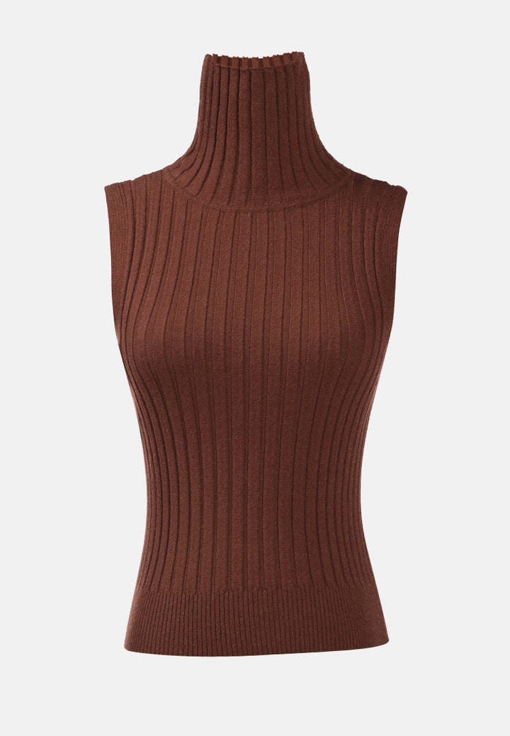 sleeveless rib knit turtle neck top#color_brown