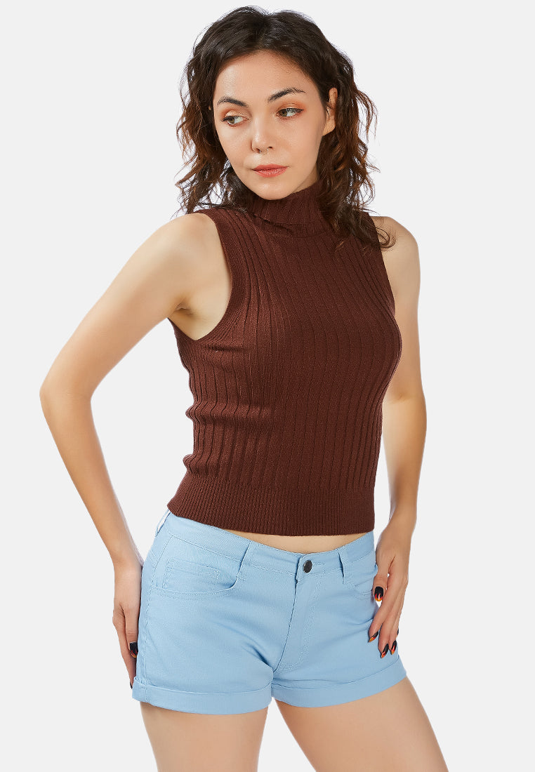 sleeveless rib knit turtle neck top#color_brown