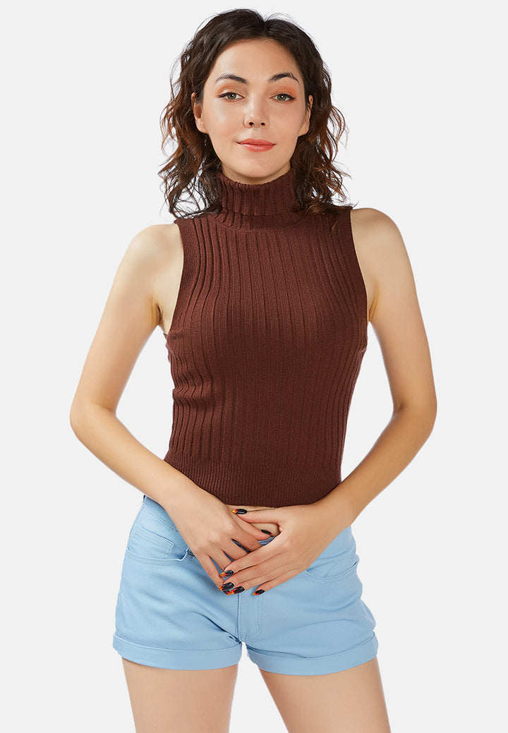 sleeveless rib knit turtle neck top#color_brown