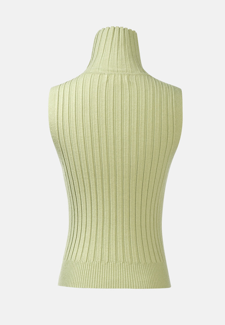 sleeveless rib knit turtle neck top#color_grey-green