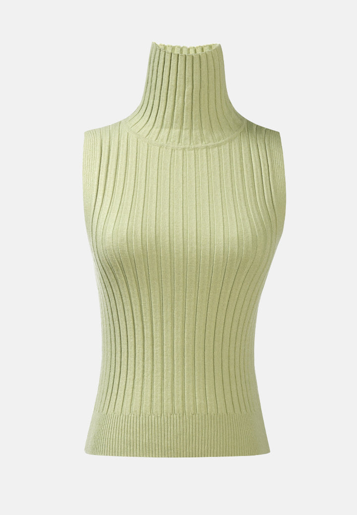 sleeveless rib knit turtle neck top#color_grey-green