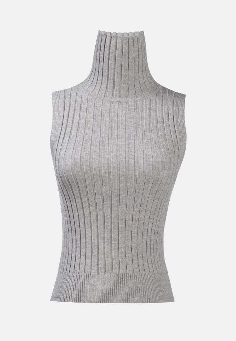 sleeveless rib knit turtle neck top#color_heather-grey