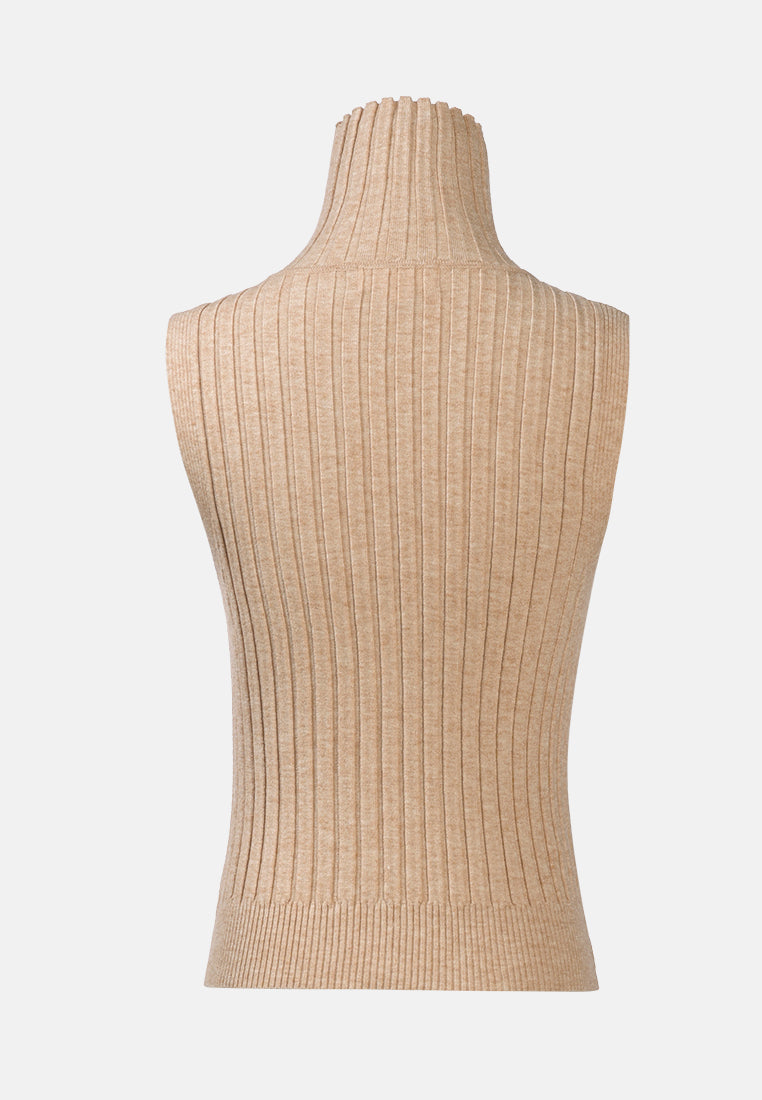 sleeveless rib knit turtle neck top#color_khaki