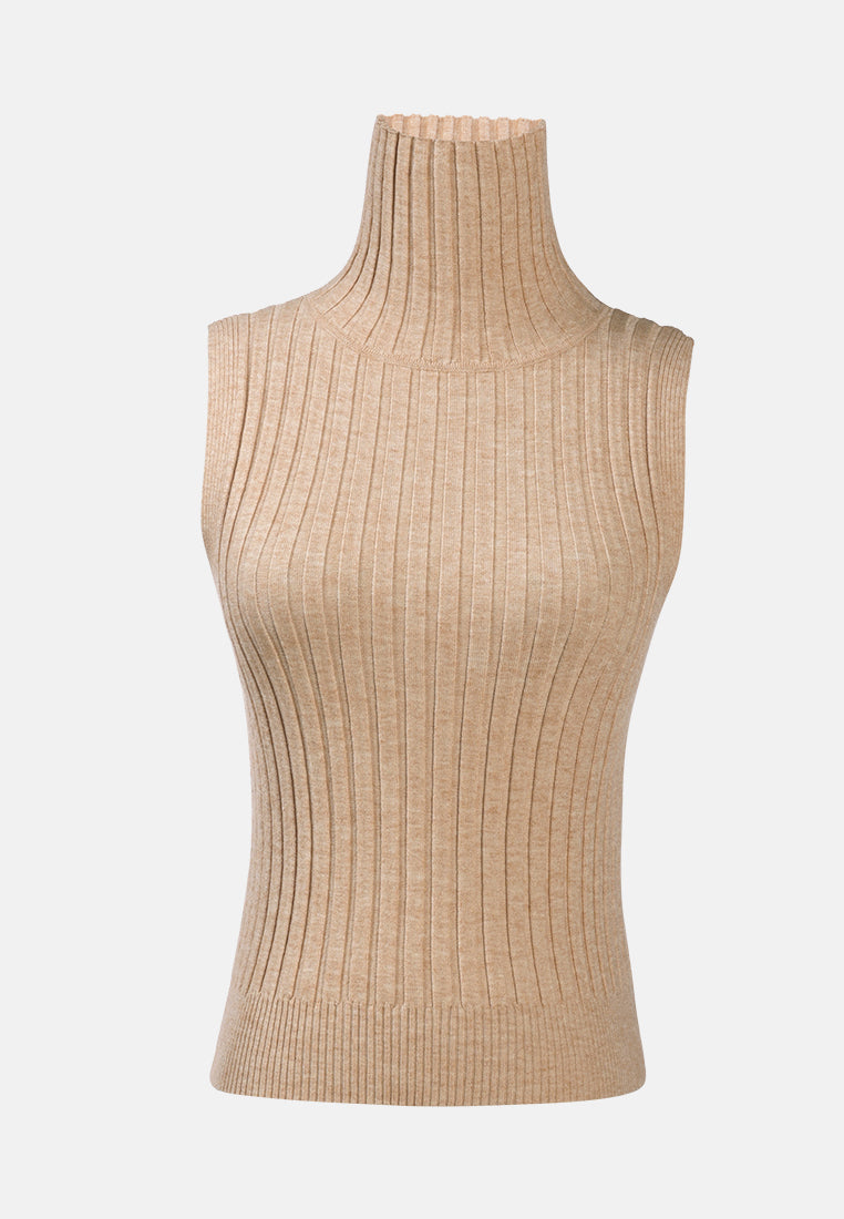 sleeveless rib knit turtle neck top#color_khaki