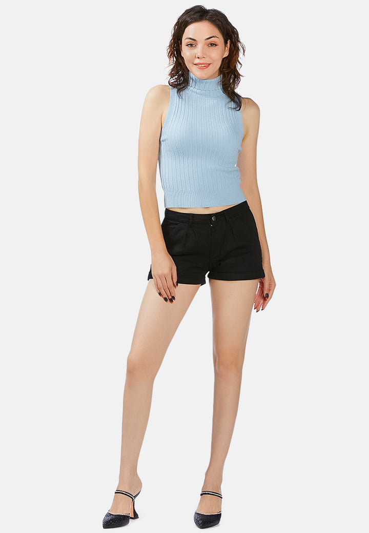 sleeveless rib knit turtle neck top#color_light-blue