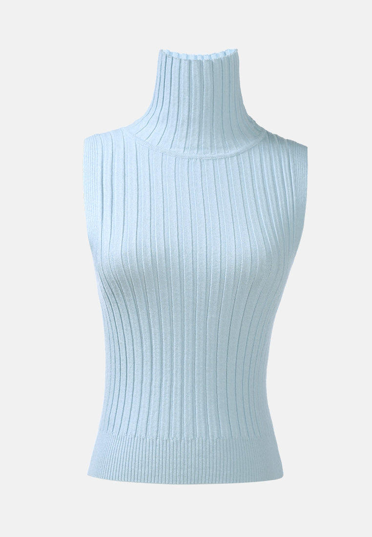 sleeveless rib knit turtle neck top#color_light-blue