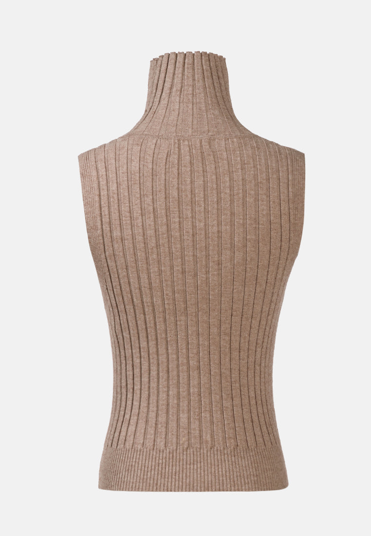 sleeveless rib knit turtle neck top#color_light-brown