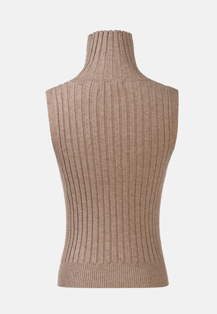 sleeveless rib knit turtle neck top#color_light-brown